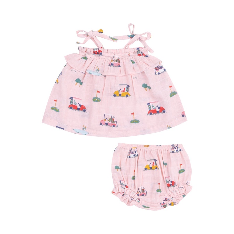 Muslin Ruffle Top & Bloomer – Golf Cart Cuties Pink by Angel Dear